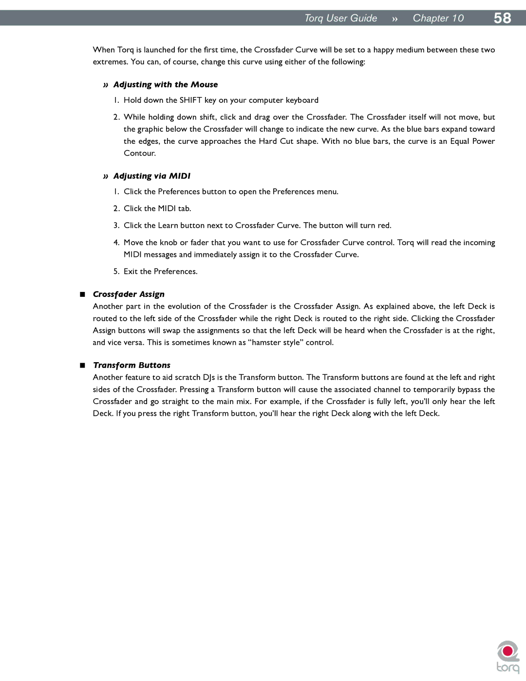 M-Audio Torq manual » Adjusting with the Mouse, » Adjusting via Midi, Crossfader Assign, Transform Buttons 