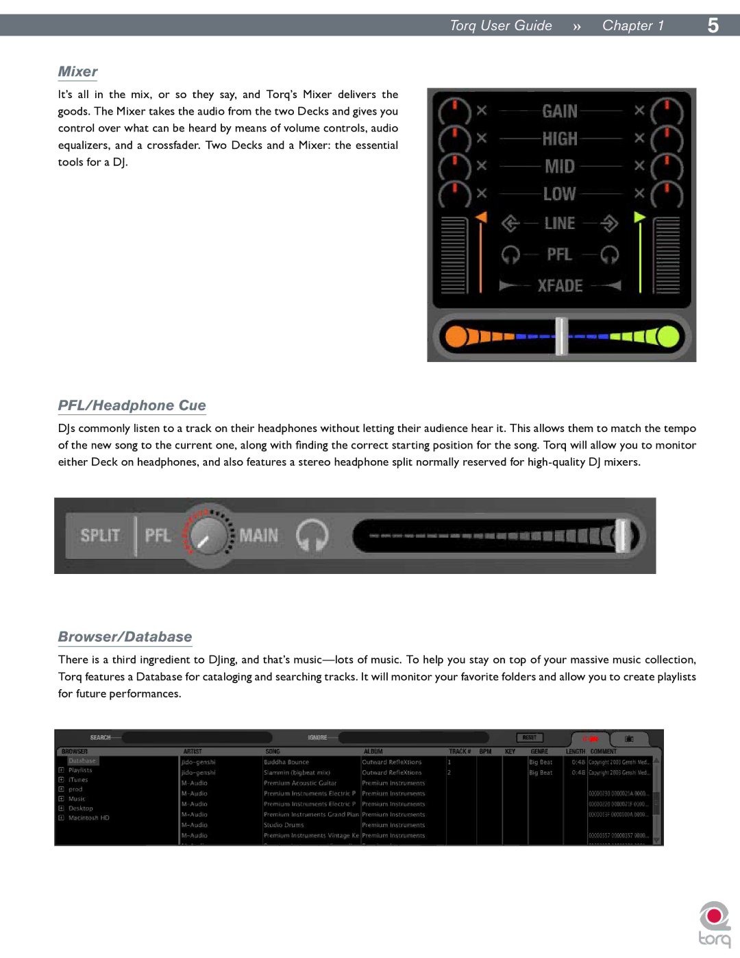 M-Audio Torq manual Mixer, PFL/Headphone Cue, Browser/Database 