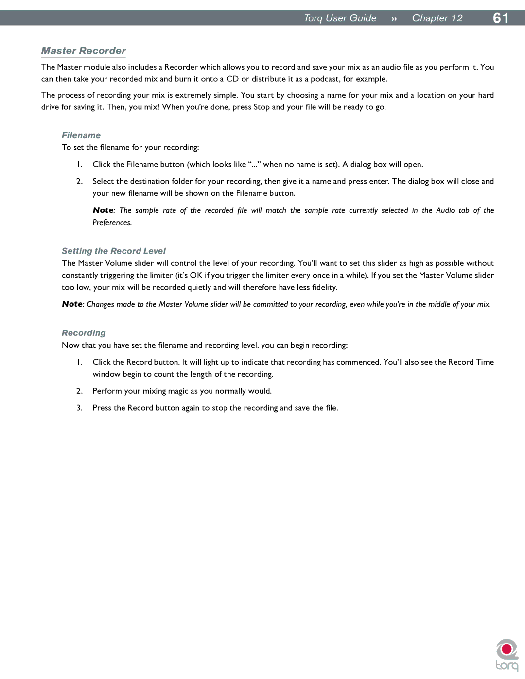 M-Audio Torq manual Master Recorder, Filename, Setting the Record Level, Recording 