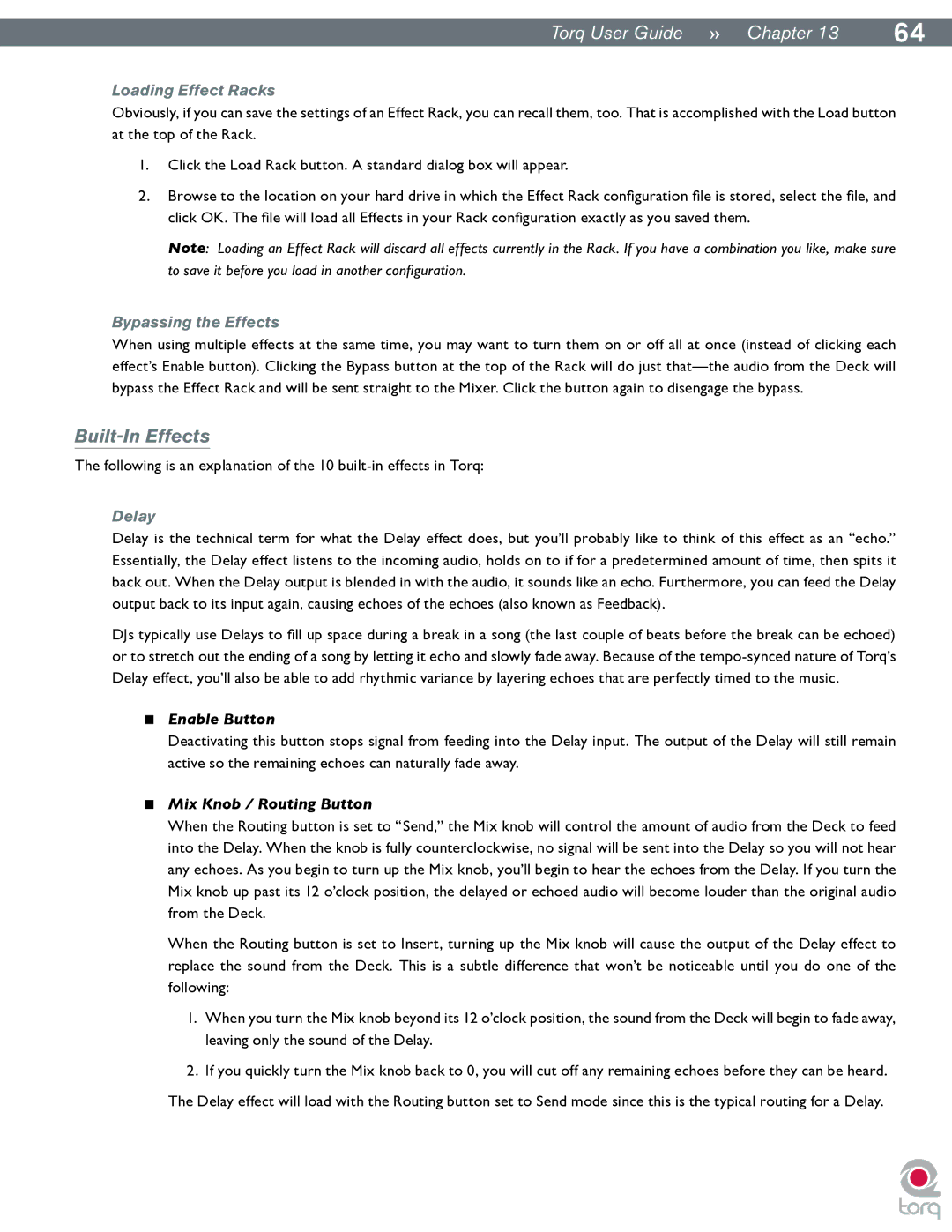 M-Audio Torq manual Built-In Effects, Loading Effect Racks, Bypassing the Effects, Delay 