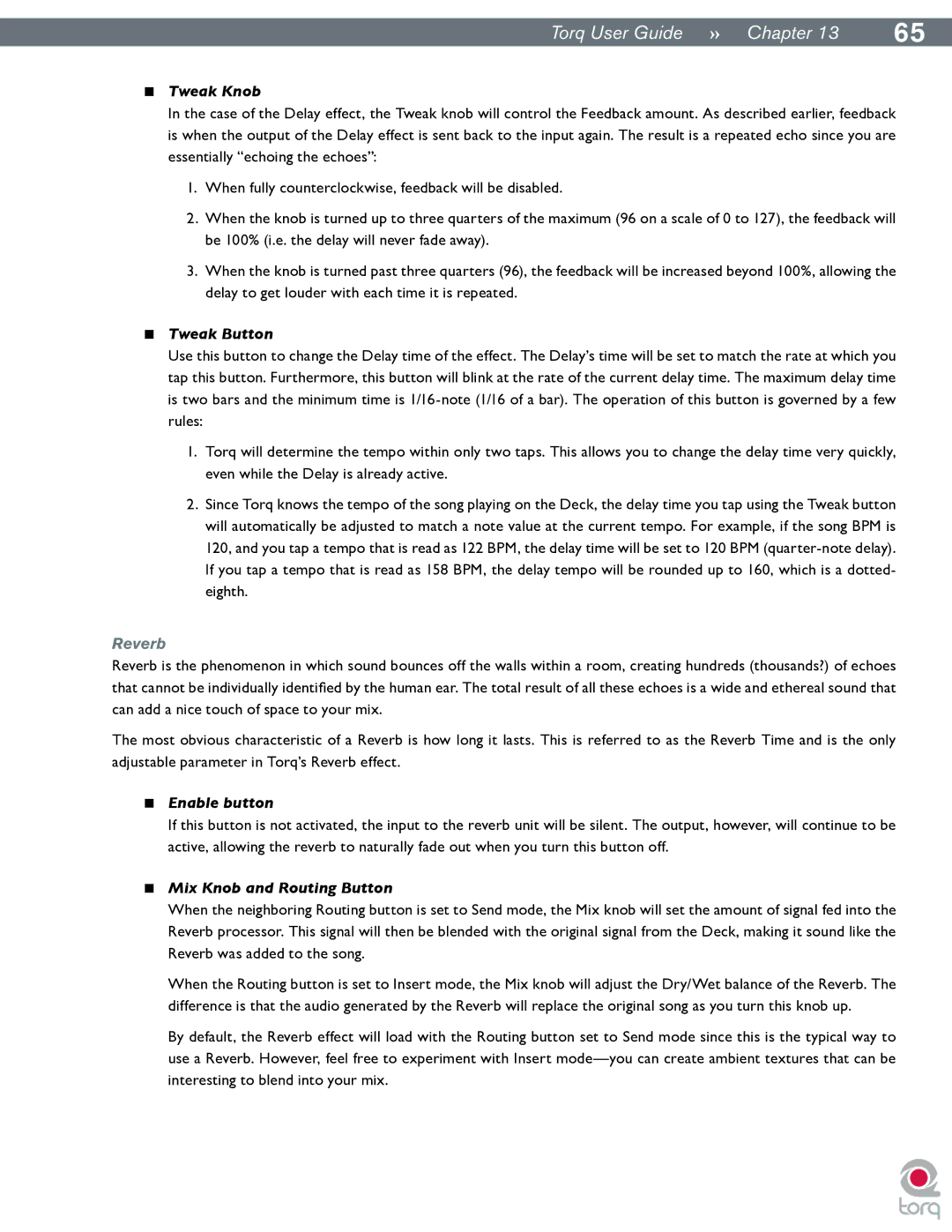M-Audio Torq manual Tweak Knob, Tweak Button, Reverb, Mix Knob and Routing Button 