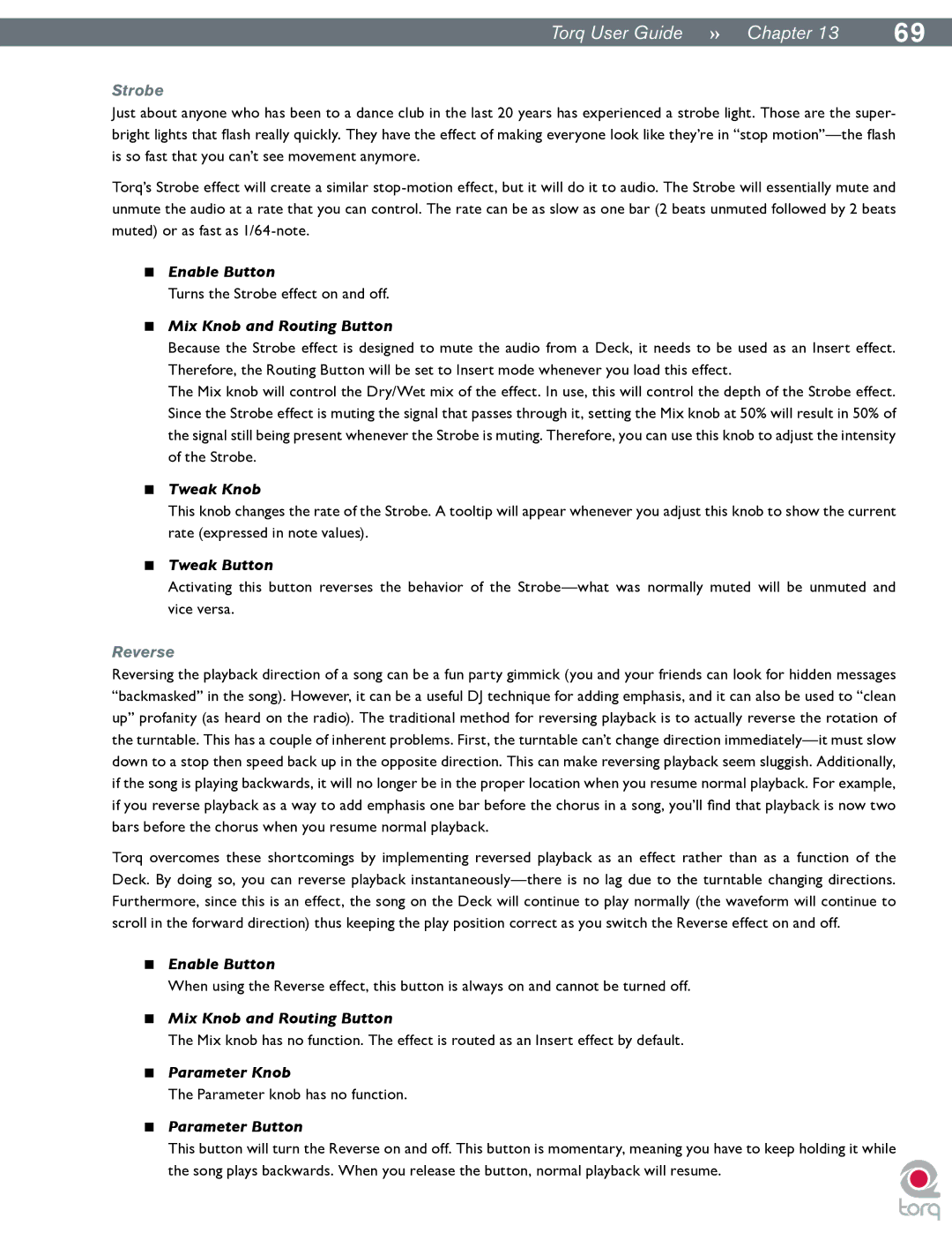 M-Audio Torq manual Strobe, Reverse, Parameter Knob, Parameter Button 