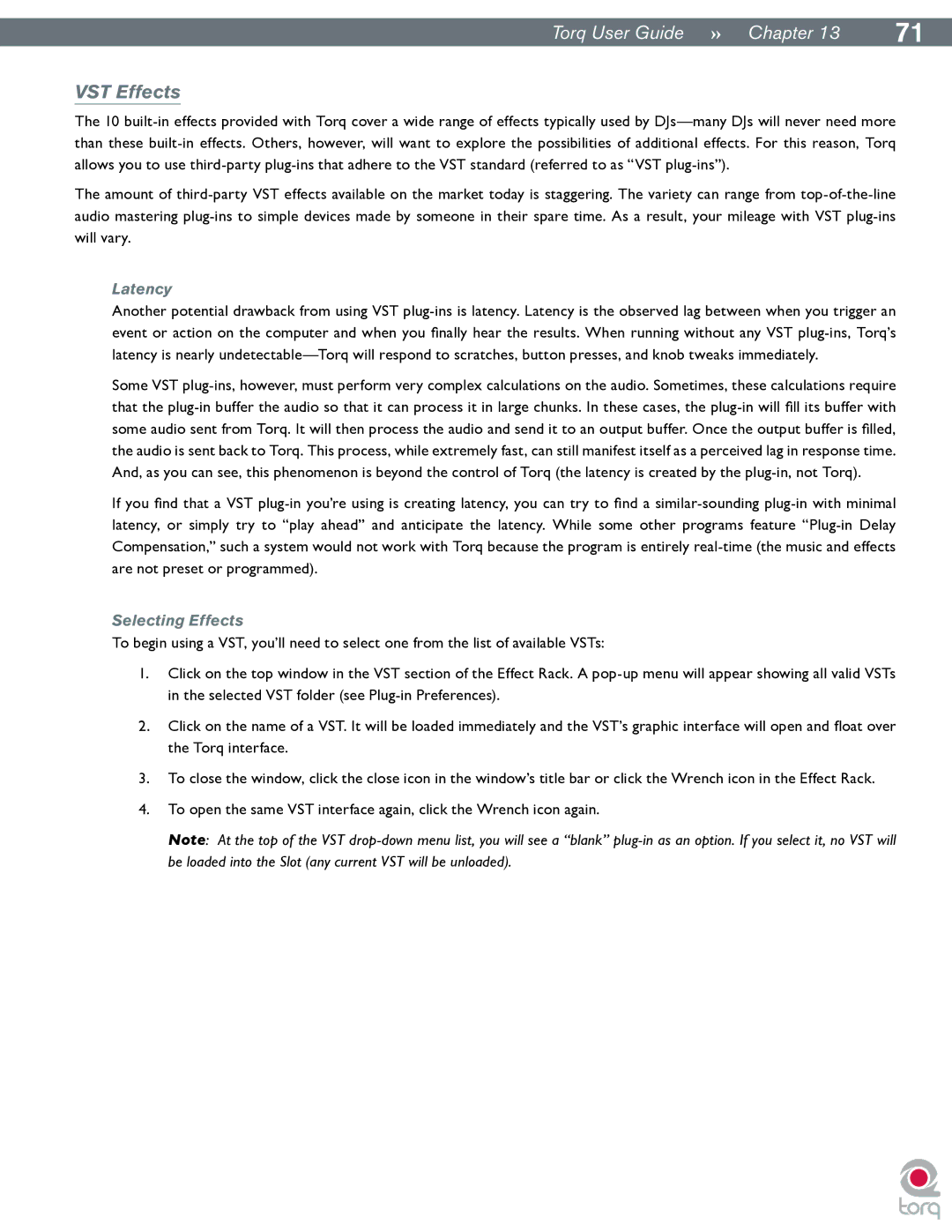 M-Audio Torq manual VST Effects, Latency, Selecting Effects 