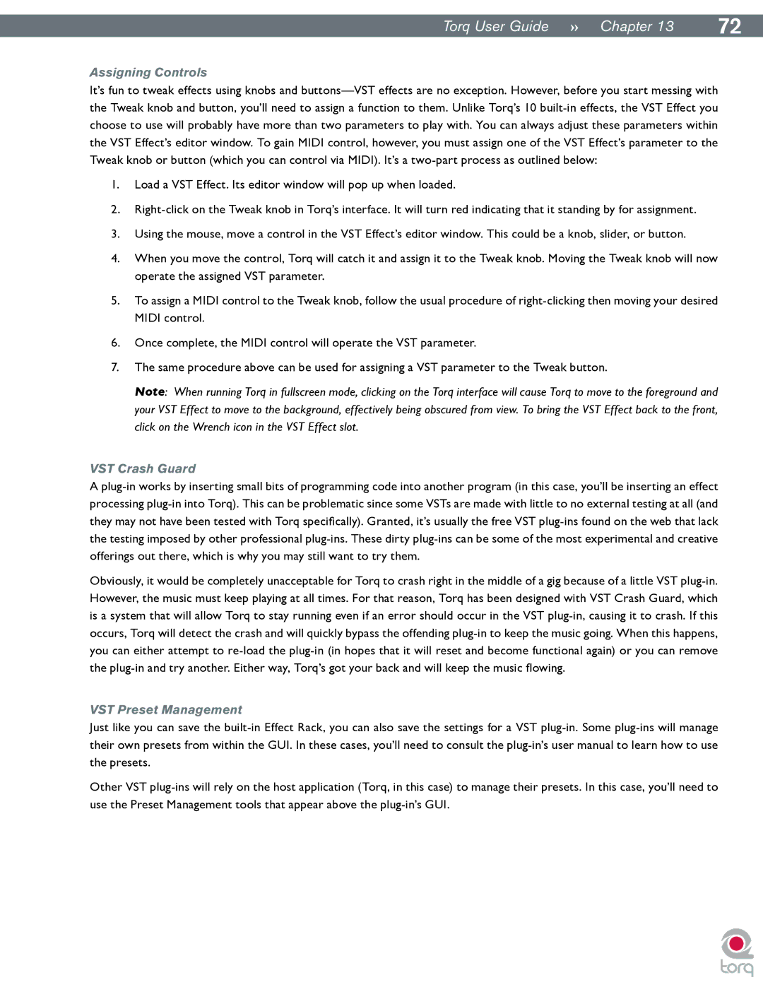 M-Audio Torq manual Assigning Controls, VST Crash Guard, VST Preset Management 