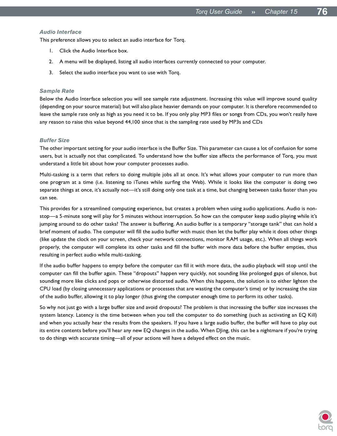 M-Audio Torq manual Audio Interface, Sample Rate, Buffer Size 