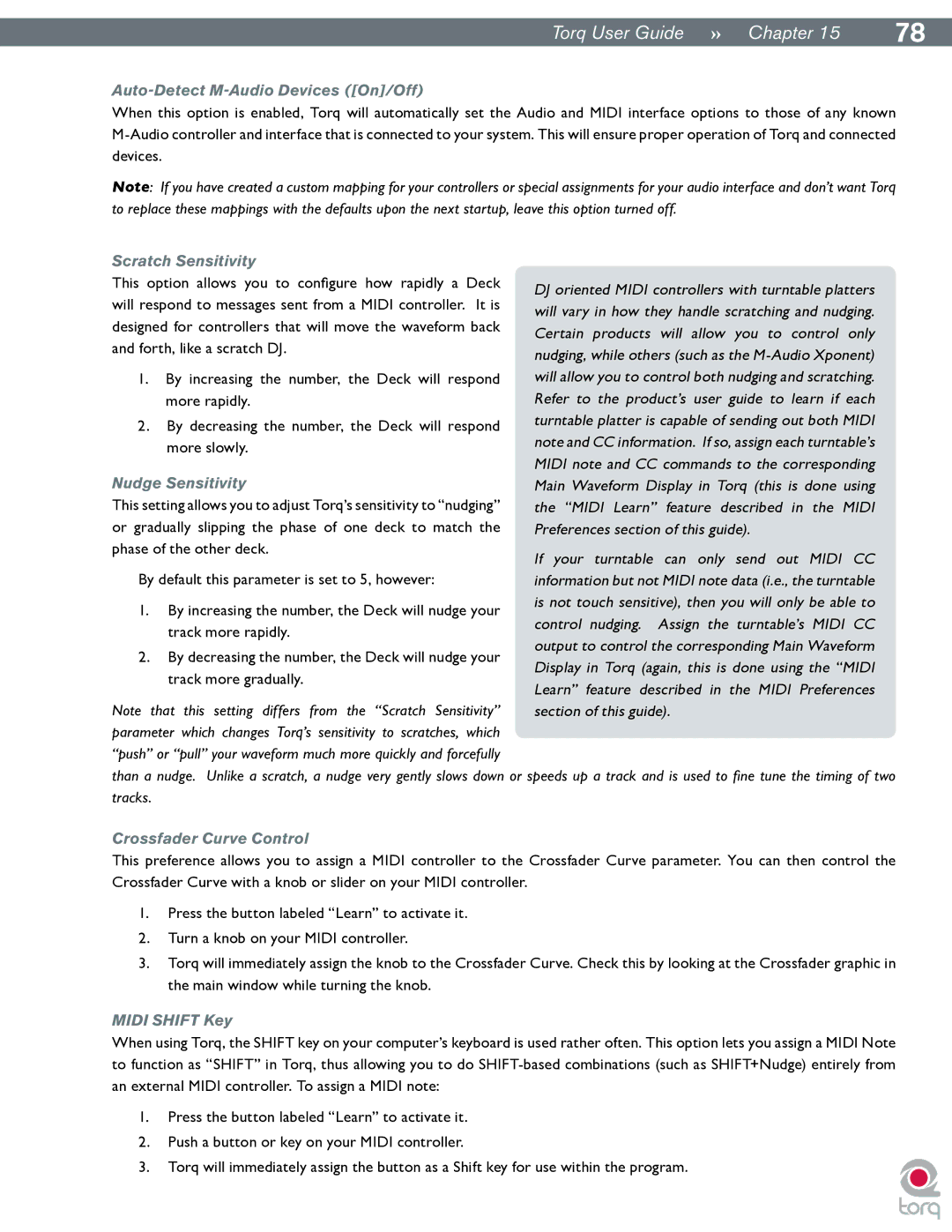 M-Audio Torq manual Auto-Detect M-Audio Devices On/Off, Scratch Sensitivity, Nudge Sensitivity, Crossfader Curve Control 