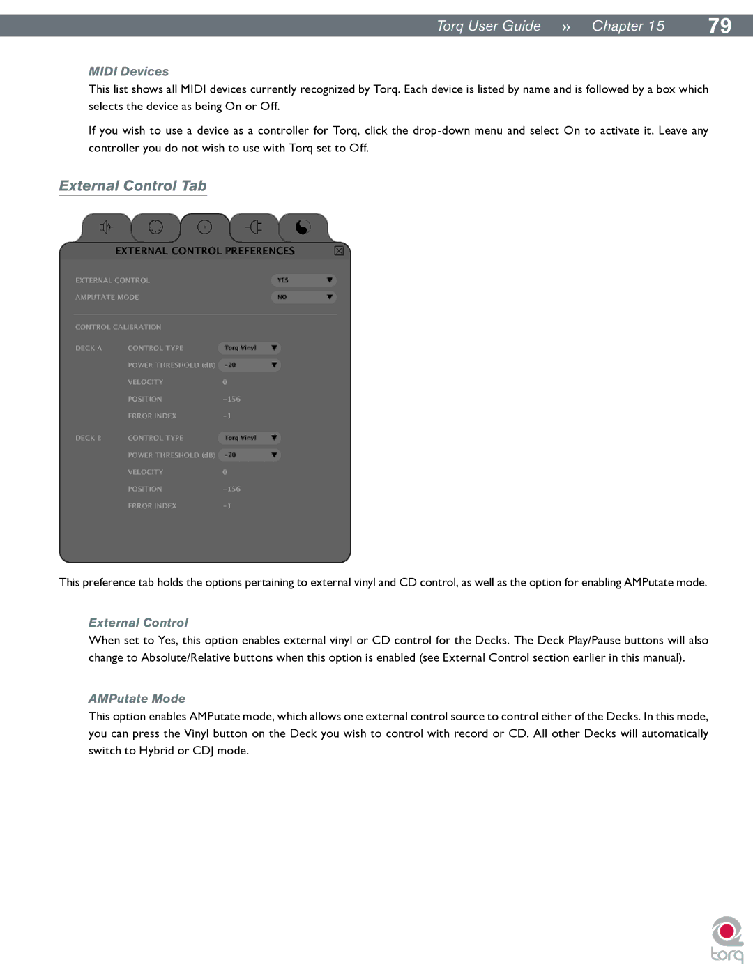 M-Audio Torq manual External Control Tab, Midi Devices, AMPutate Mode 