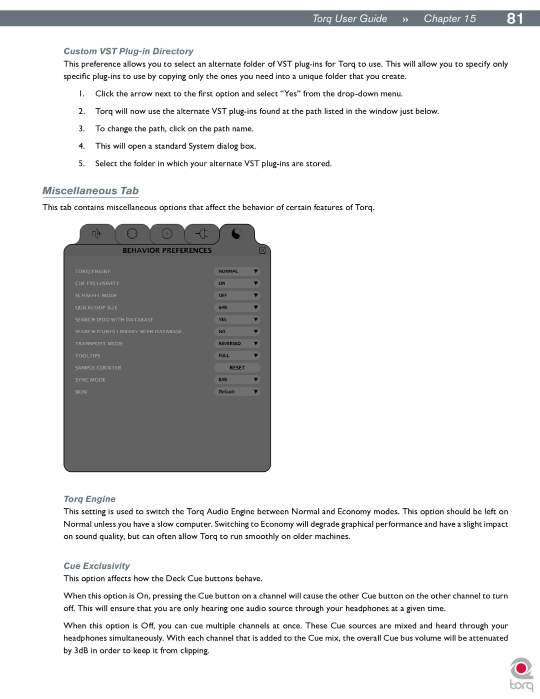 M-Audio manual Miscellaneous Tab, Custom VST Plug-in Directory, Torq Engine, Cue Exclusivity 