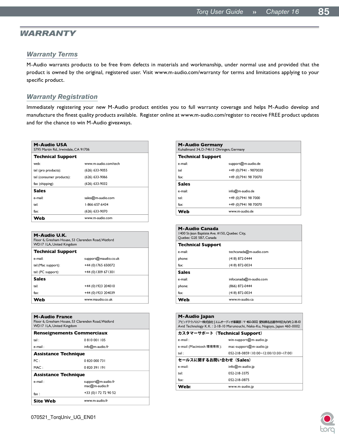 M-Audio Torq manual Warranty Terms Warranty Registration 