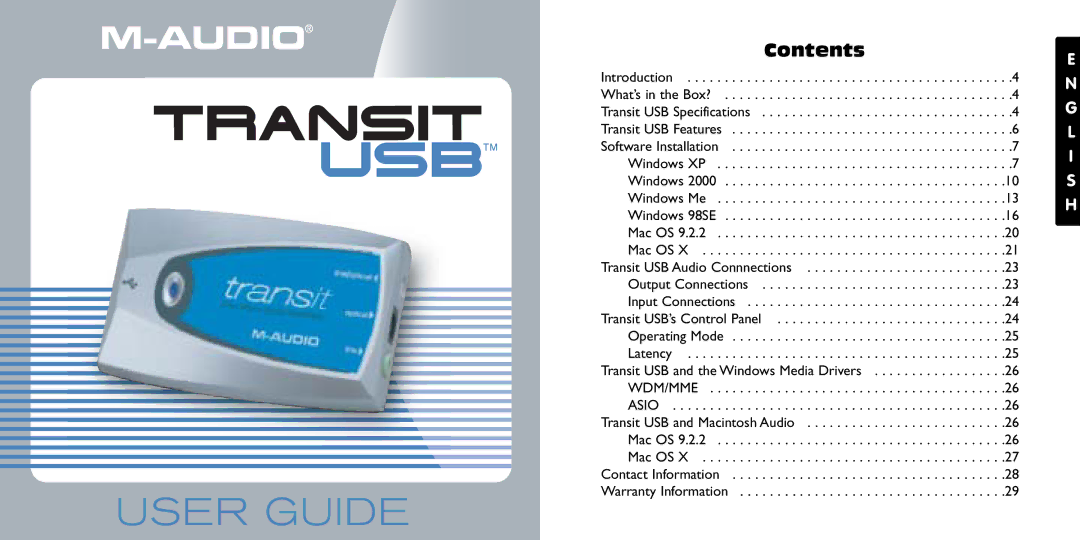 M-Audio Transit USB specifications Contents 