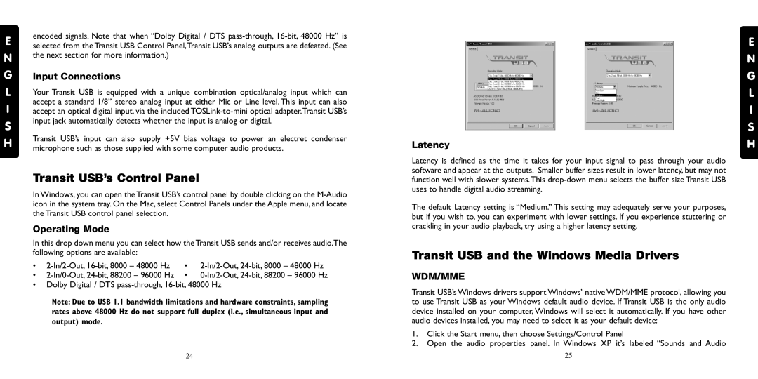 M-Audio Transit USB’s Control Panel, Transit USB and the Windows Media Drivers, Input Connections, Operating Mode 