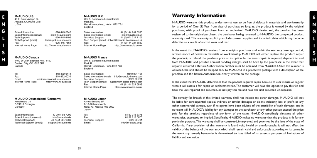 M-Audio Transit USB specifications Warranty Information, Audio U.S Audio U.K 