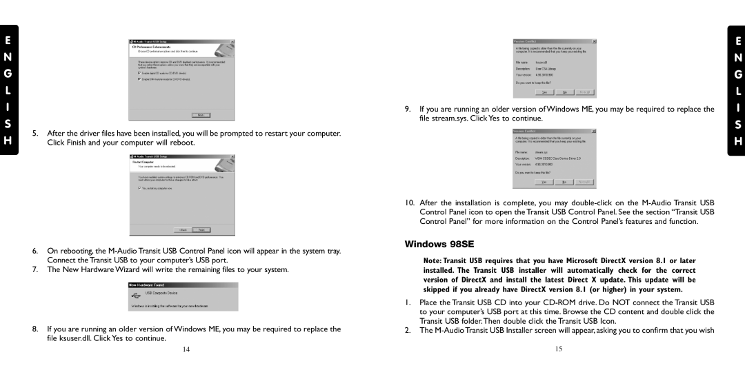 M-Audio Transit USB specifications Windows 98SE 