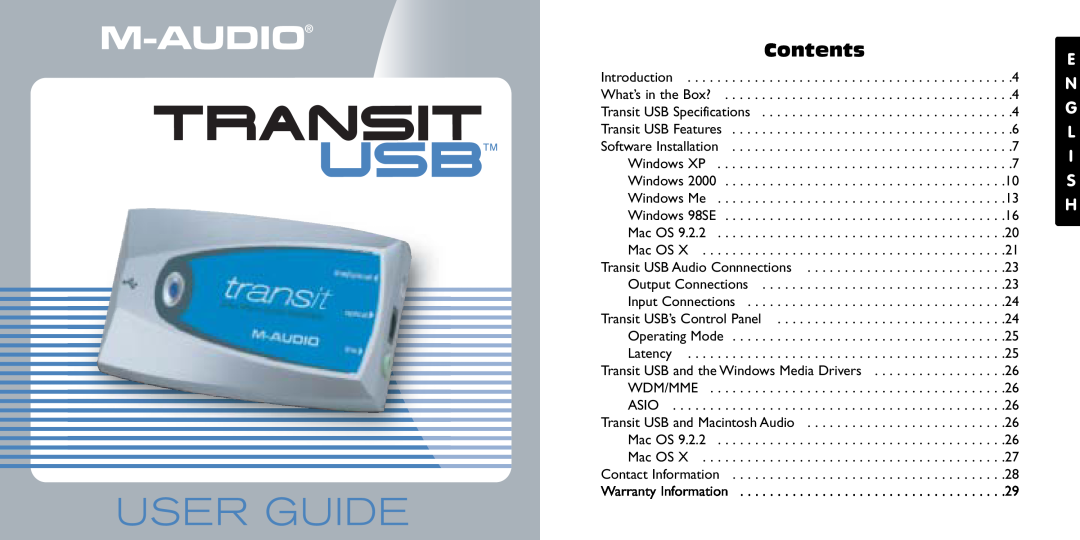 M-Audio Transit USB specifications Contents, E N G L I S H 
