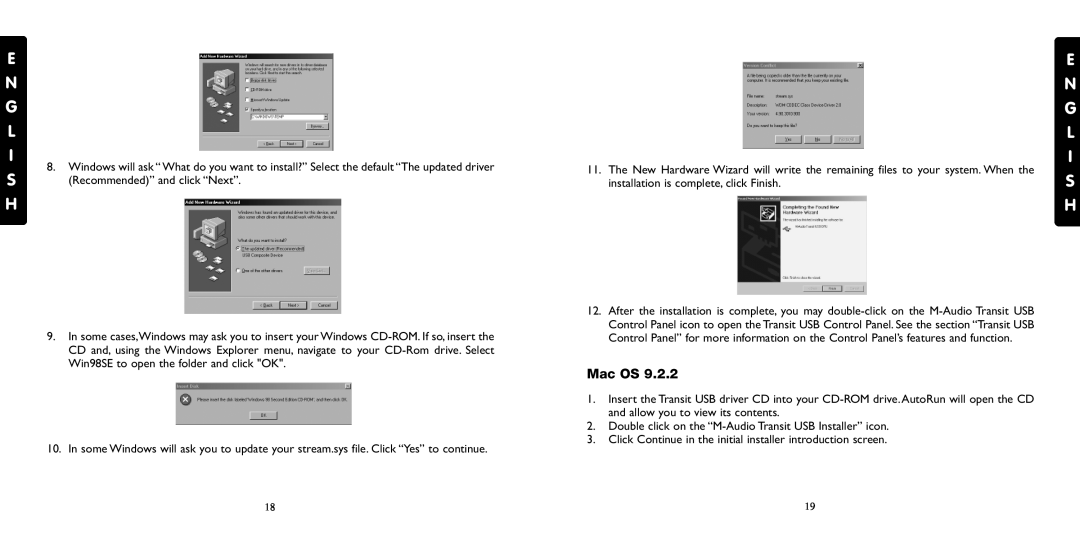 M-Audio Transit USB specifications Mac OS, E N G L I S H 