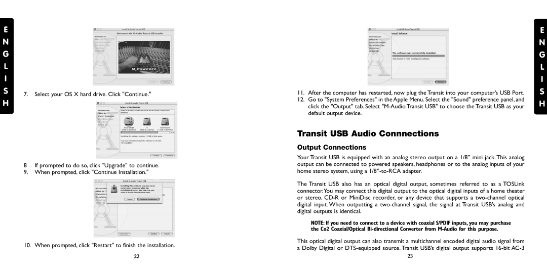M-Audio specifications Transit USB Audio Connnections, Output Connections, E N G L I S H 