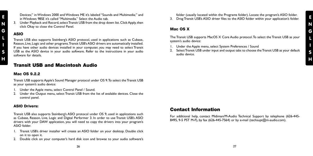 M-Audio specifications Transit USB and Macintosh Audio, Contact Information, Asio, E N G L I S H, Mac OS, ASIO Drivers 
