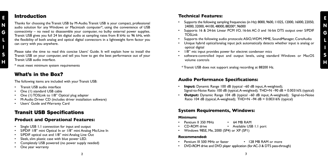 M-Audio Introduction, What’s in the Box?, Transit USB Specifications, E N G L I S H, Product and Operational Features 