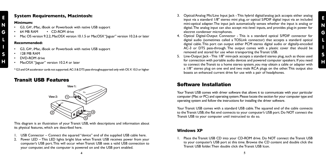 M-Audio Transit USB Features, Software Installation, System Requirements, Macintosh, Windows XP, E N G L I S H, Minimum 