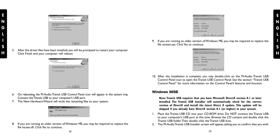 M-Audio Transit USB specifications Windows 98SE, E N G L I S H 