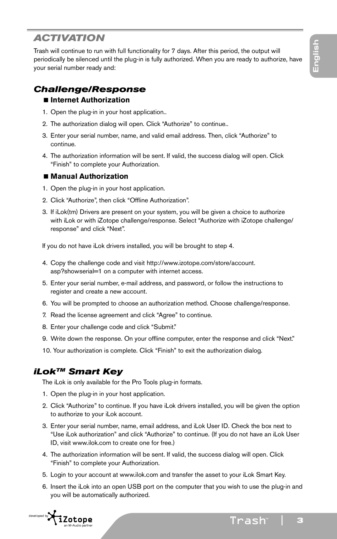 M-Audio Trash quick start Activation, Challenge/Response, ILokTM Smart Key 