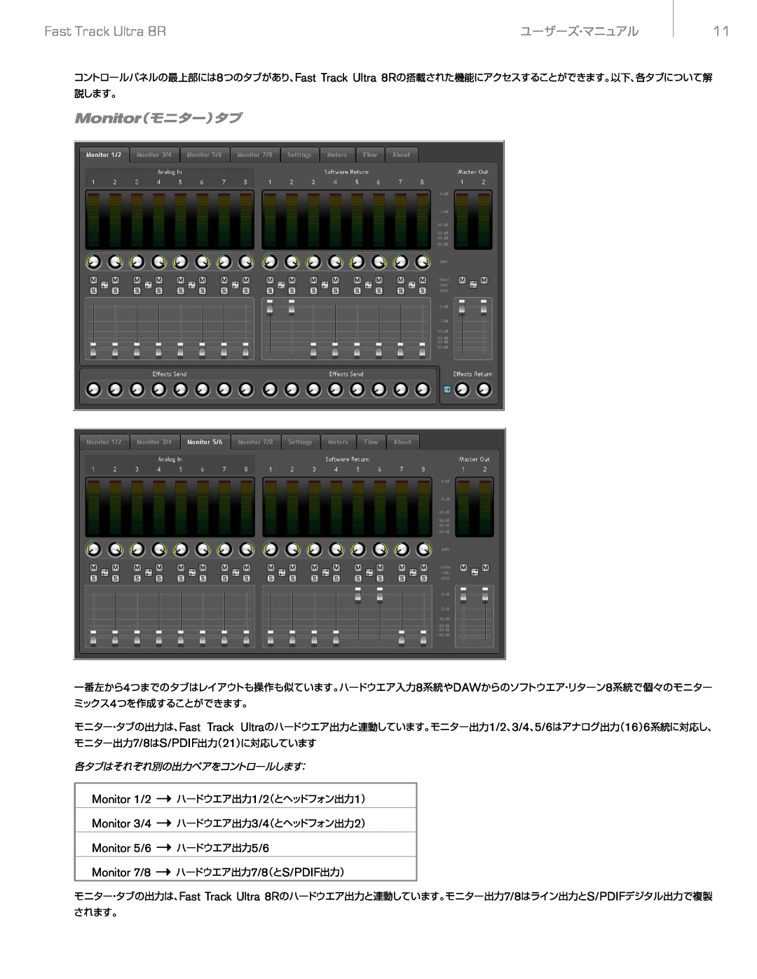 M-Audio Ultra 8R Monitor（モニター）タブ, Monitor 1/2 →ハードウエア出力1/2（とヘッドフォン出力1）, Monitor 7/8 →ハードウエア出力7/8（とS/PDIF出力）, ユーザーズ・マニュアル 