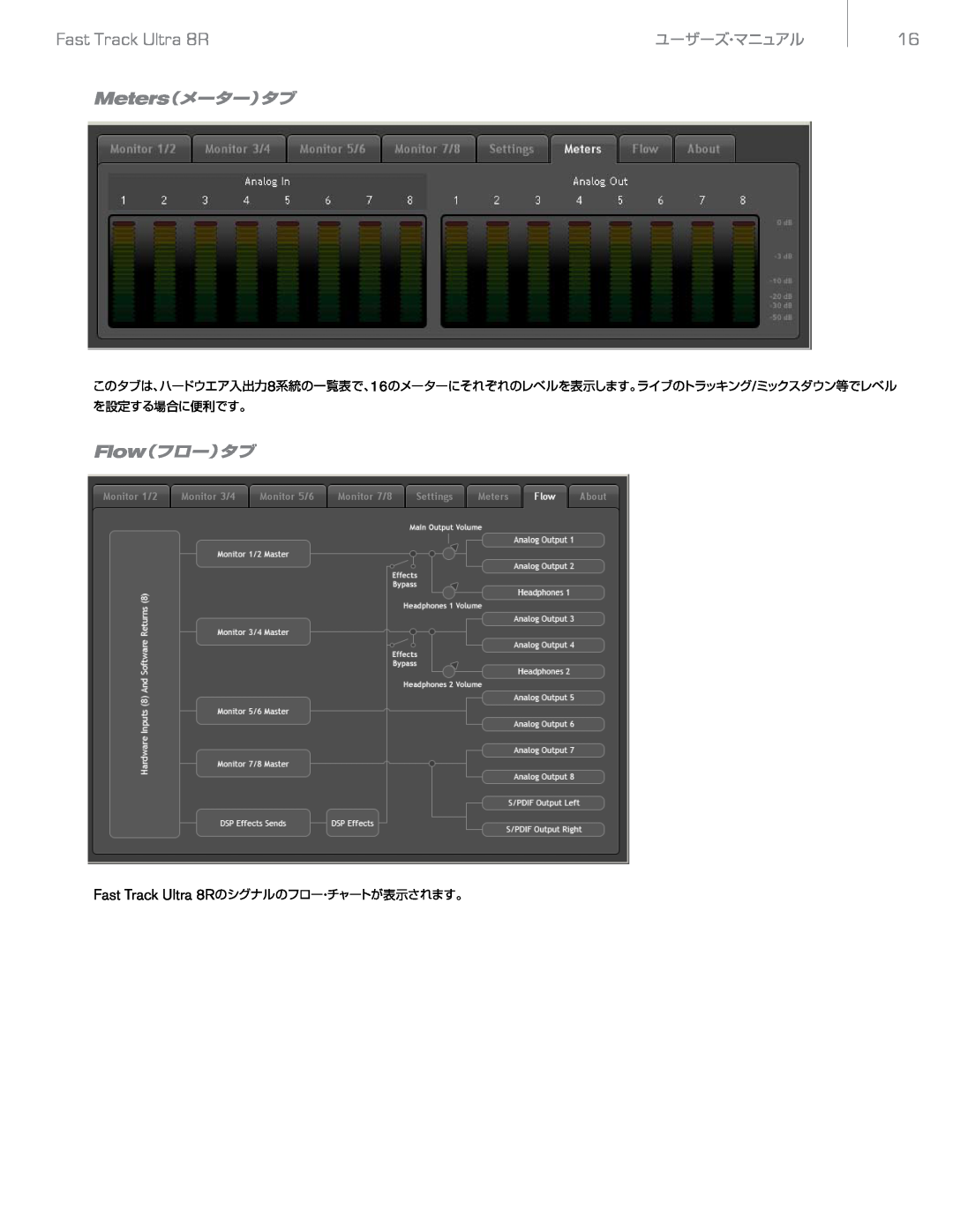 M-Audio manual Meters（メーター）タブ, Flow（フロー）タブ, Fast Track Ultra 8Rのシグナルのフロー・チャートが表示されます。, ユーザーズ・マニュアル 