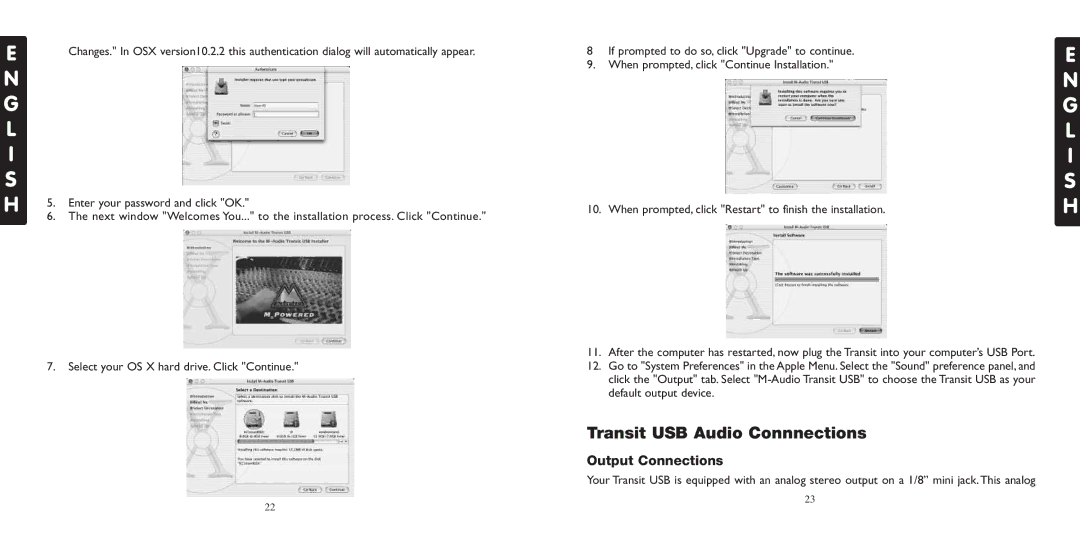 M-Audio specifications Transit USB Audio Connnections, Output Connections 