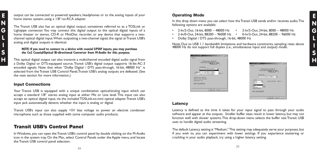 M-Audio specifications Transit USB’s Control Panel, Input Connections, Operating Mode, Latency 