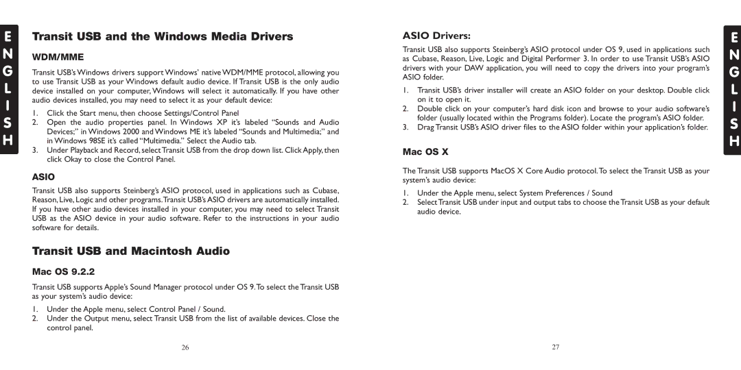 M-Audio specifications Transit USB and the Windows Media Drivers, Transit USB and Macintosh Audio, Asio Drivers, Mac OS 