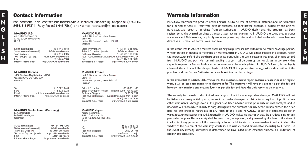 M-Audio USB specifications Contact Information, Warranty Information 