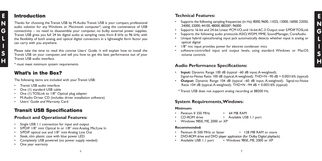 M-Audio specifications Introduction, What’s in the Box?, Transit USB Specifications 