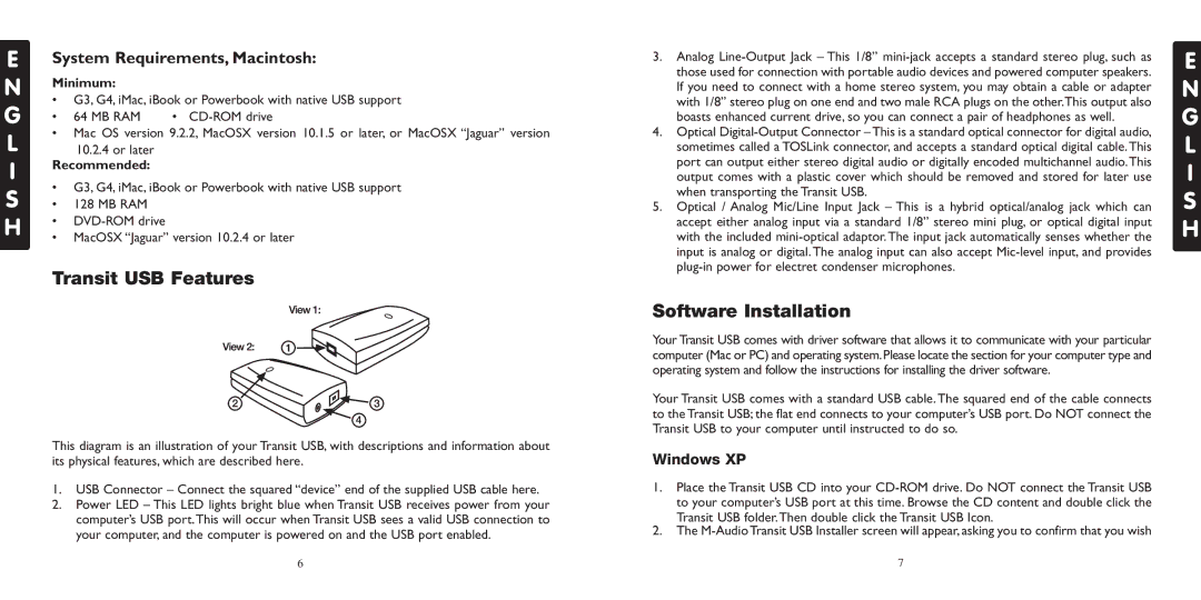 M-Audio specifications Transit USB Features, Software Installation, System Requirements, Macintosh, Windows XP 