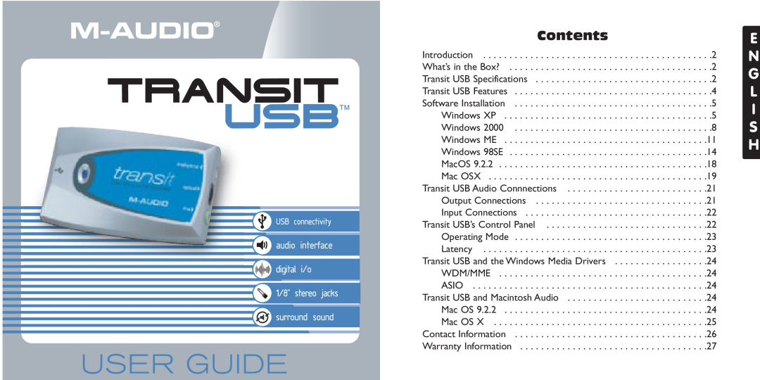 M-Audio USB specifications E N G L I S H, Contents 