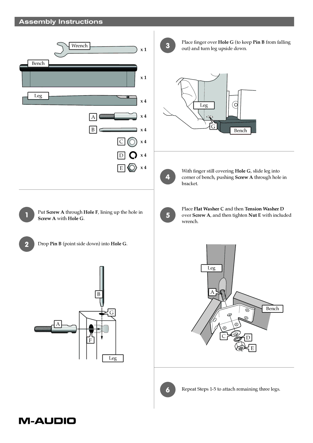 M-Audio Wrench manual Assembly Instructions, Screw a with Hole G, Place Flat Washer C and then Tension Washer D 