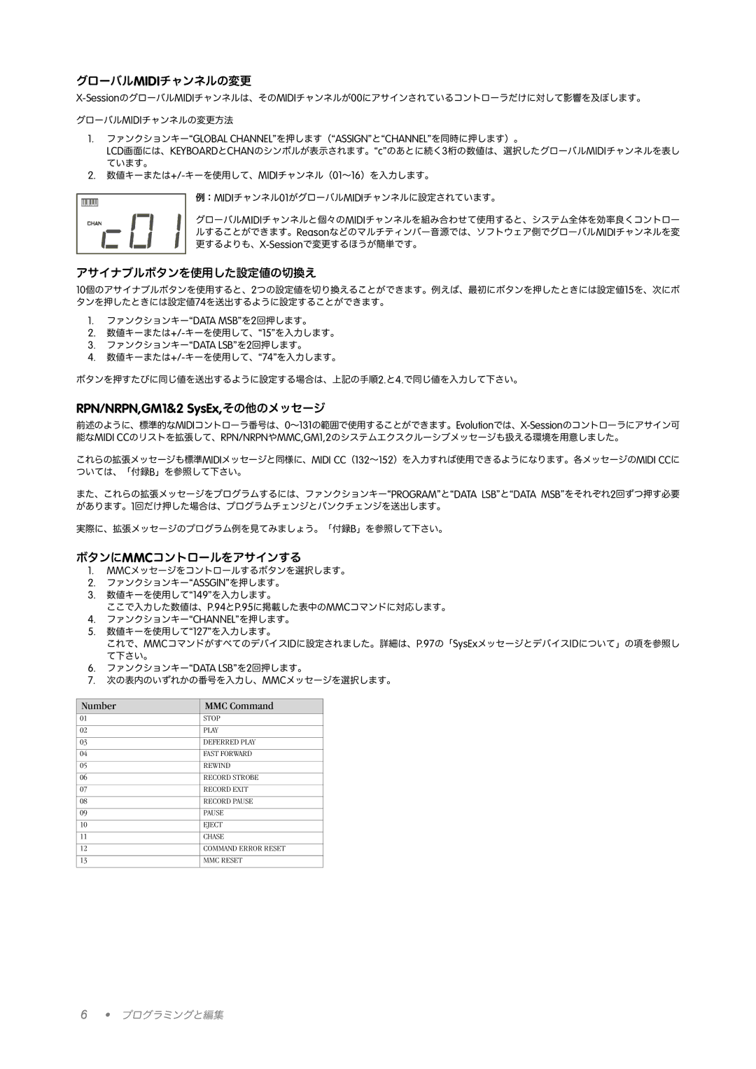 M-Audio X-Session manual RPN/NRPN,GM1&2 SysEx,その他のメッセージ, グローバルmidiチャンネルの変更, アサイナブルボタンを使用した設定値の切換え, ボタンにmmcコントロールをアサインする 