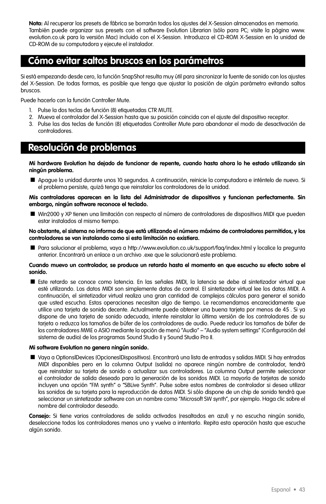 M-Audio X-Session quick start Cómo evitar saltos bruscos en los parámetros, Resolución de problemas 