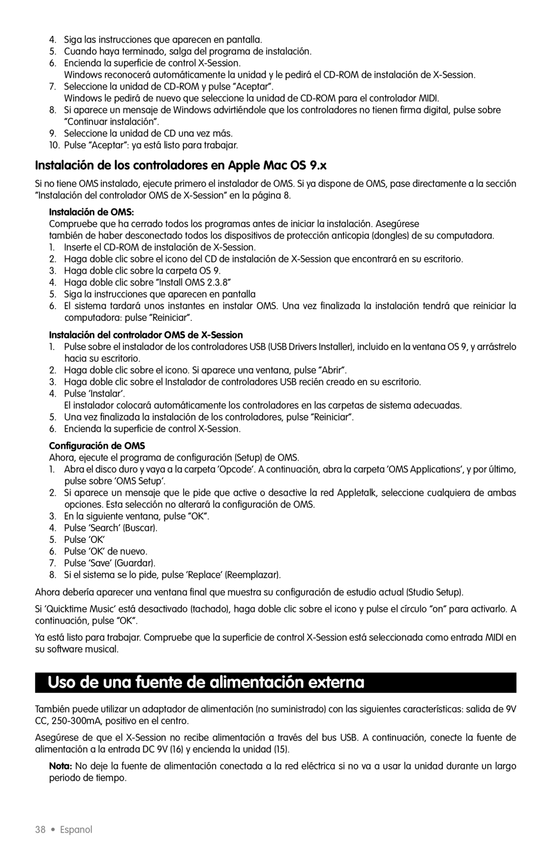 M-Audio X-Session quick start Uso de una fuente de alimentación externa, Instalación de los controladores en Apple Mac OS 