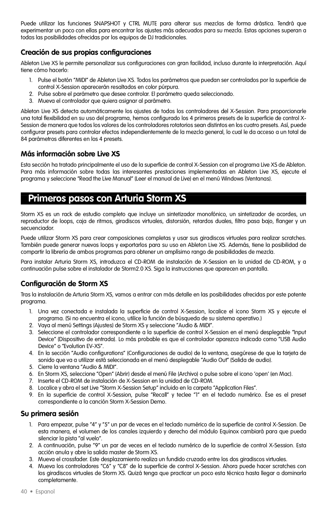 M-Audio X-Session Primeros pasos con Arturia Storm XS, Creación de sus propias conﬁguraciones, Conﬁguración de Storm XS 