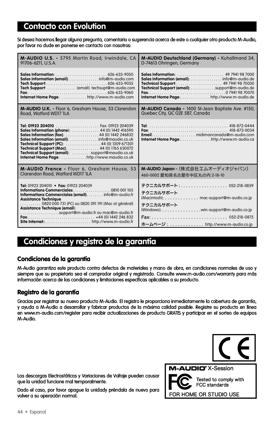 M-Audio X-Session Contacto con Evolution, Condiciones y registro de la garantía, Condiciones de la garantía, Espanol 