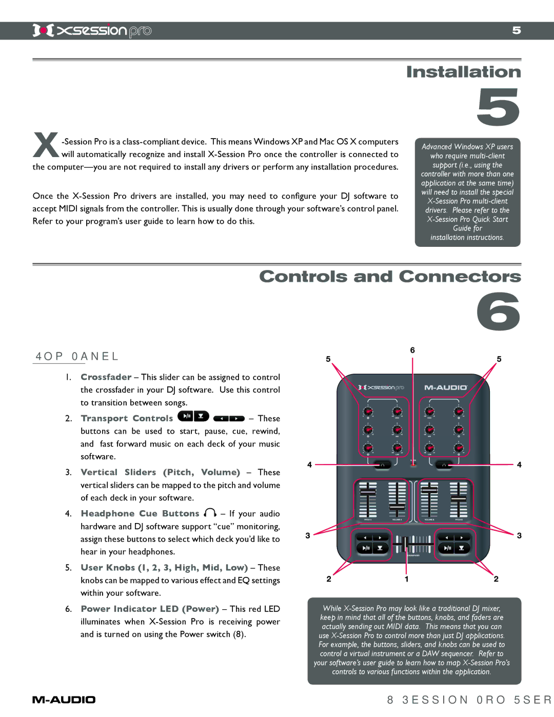 M-Audio xSession Pro manual Installation, Controls and Connectors, Top Panel 