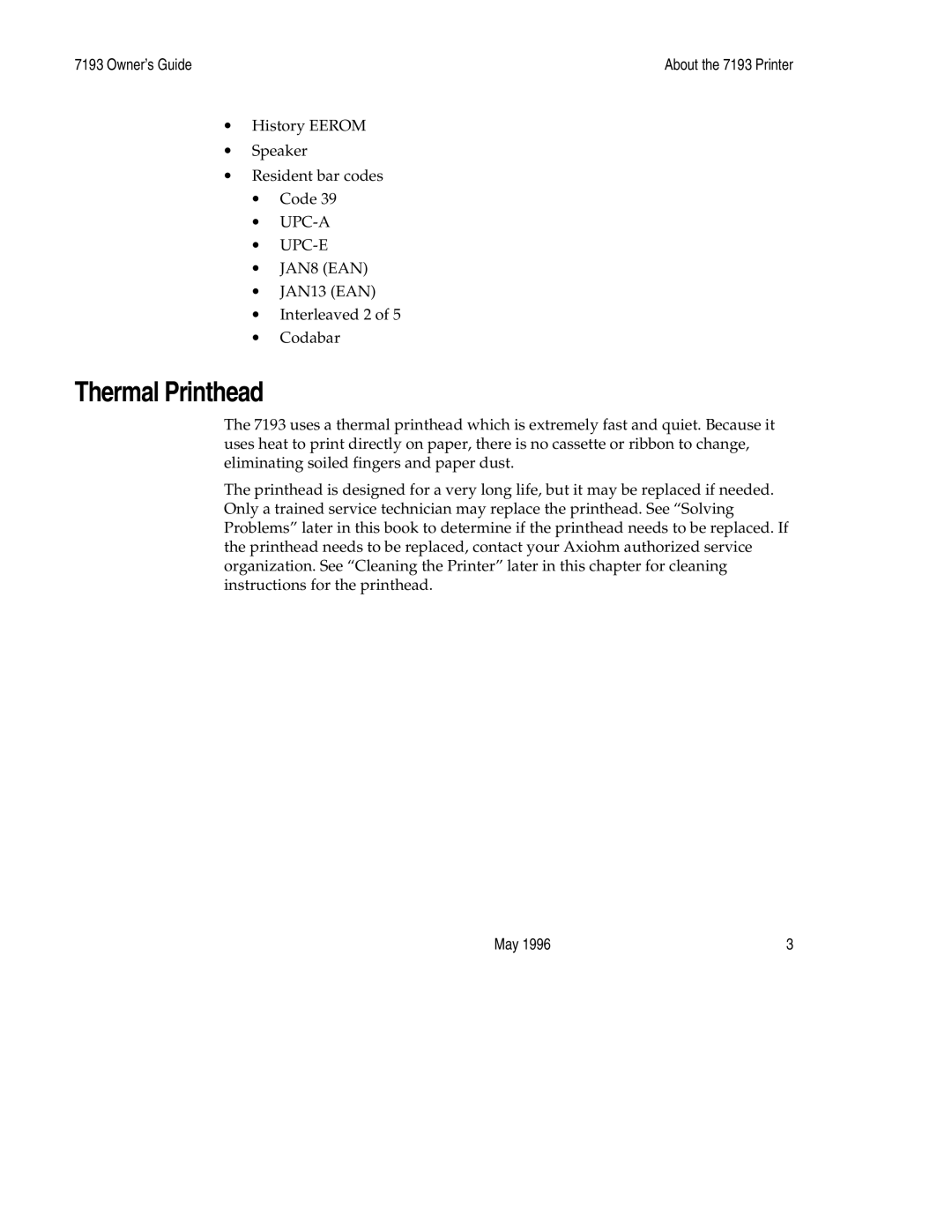 M-S Cash Drawer 7193 manual Thermal Printhead 