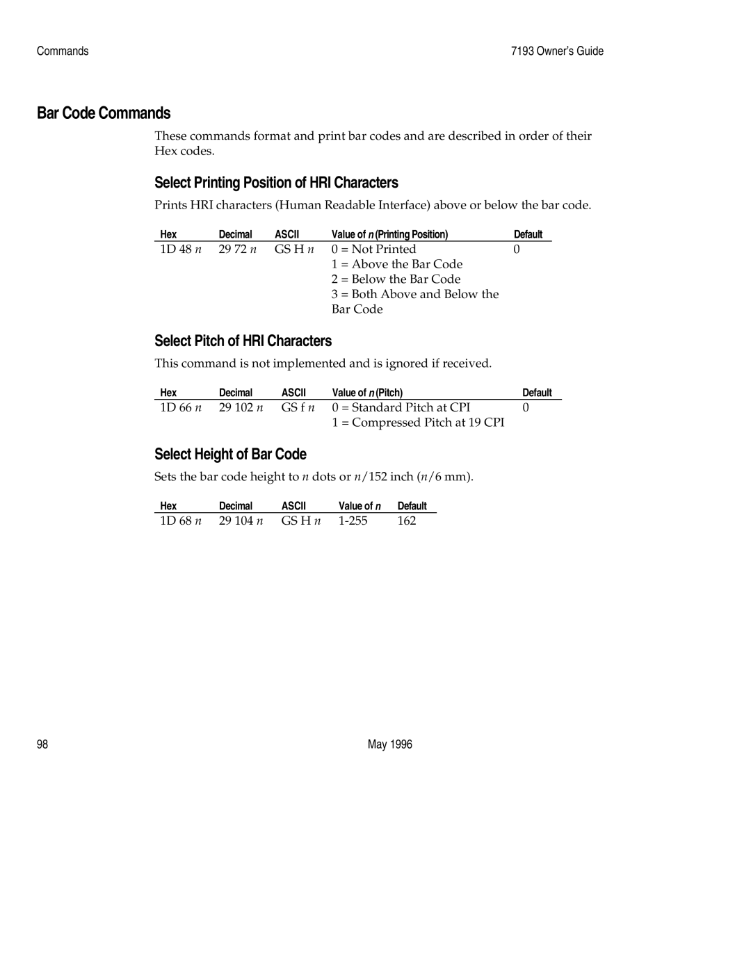 M-S Cash Drawer 7193 Select Printing Position of HRI Characters, Select Pitch of HRI Characters, Select Height of Bar Code 