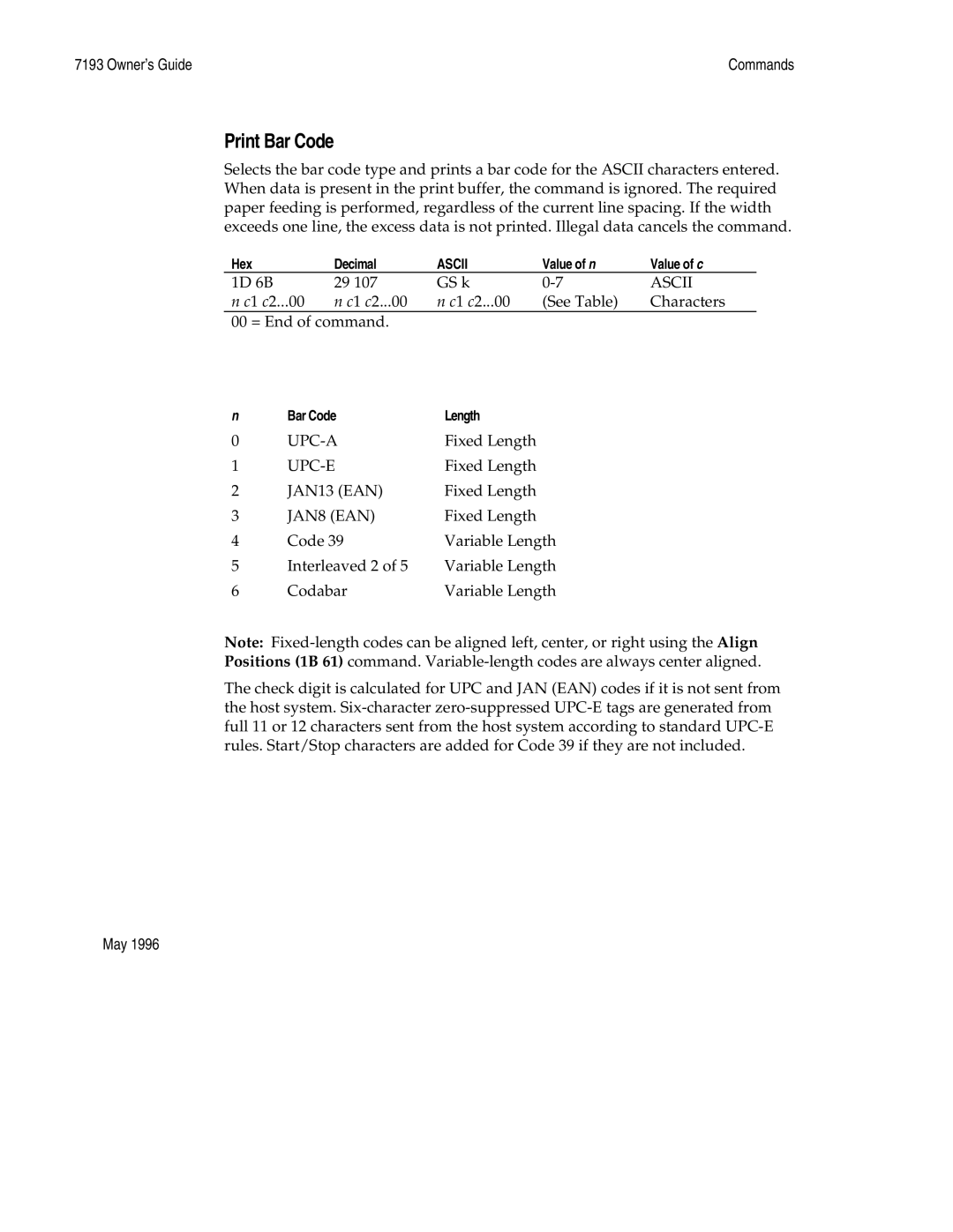 M-S Cash Drawer 7193 manual Print Bar Code, JAN8 EAN 