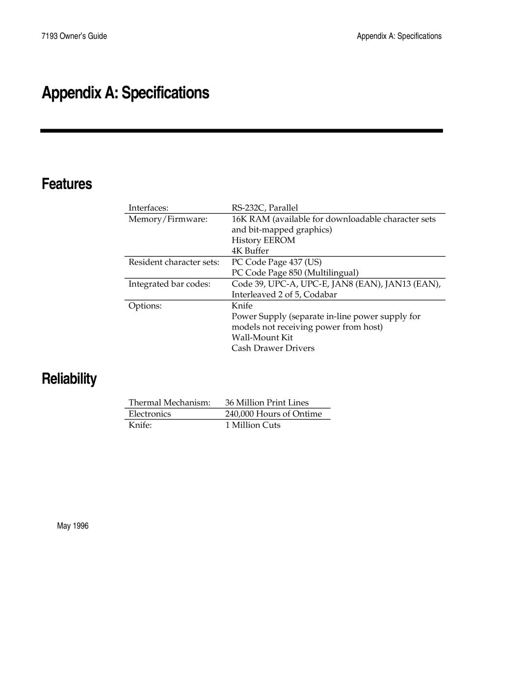 M-S Cash Drawer 7193 manual Appendix a Specifications, Reliability 