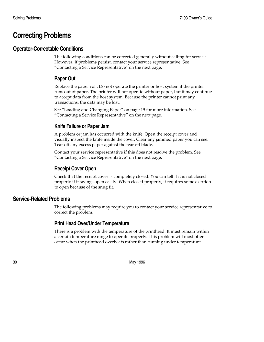 M-S Cash Drawer 7193 manual Correcting Problems, Operator-Correctable Conditions, Service-Related Problems 