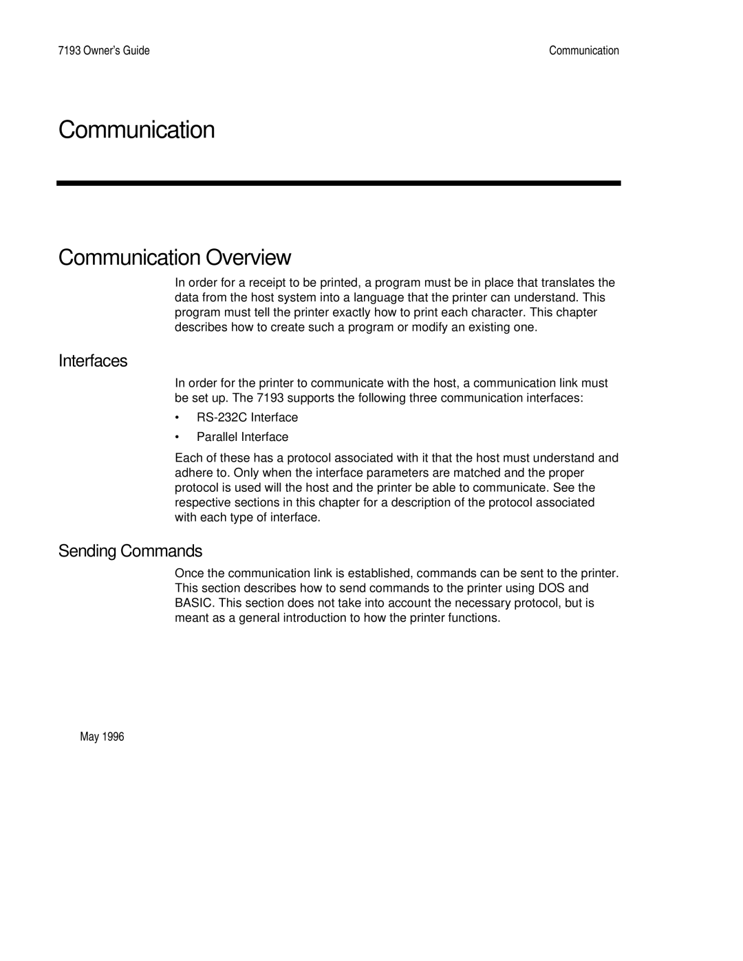 M-S Cash Drawer 7193 manual Communication Overview, Interfaces, Sending Commands 