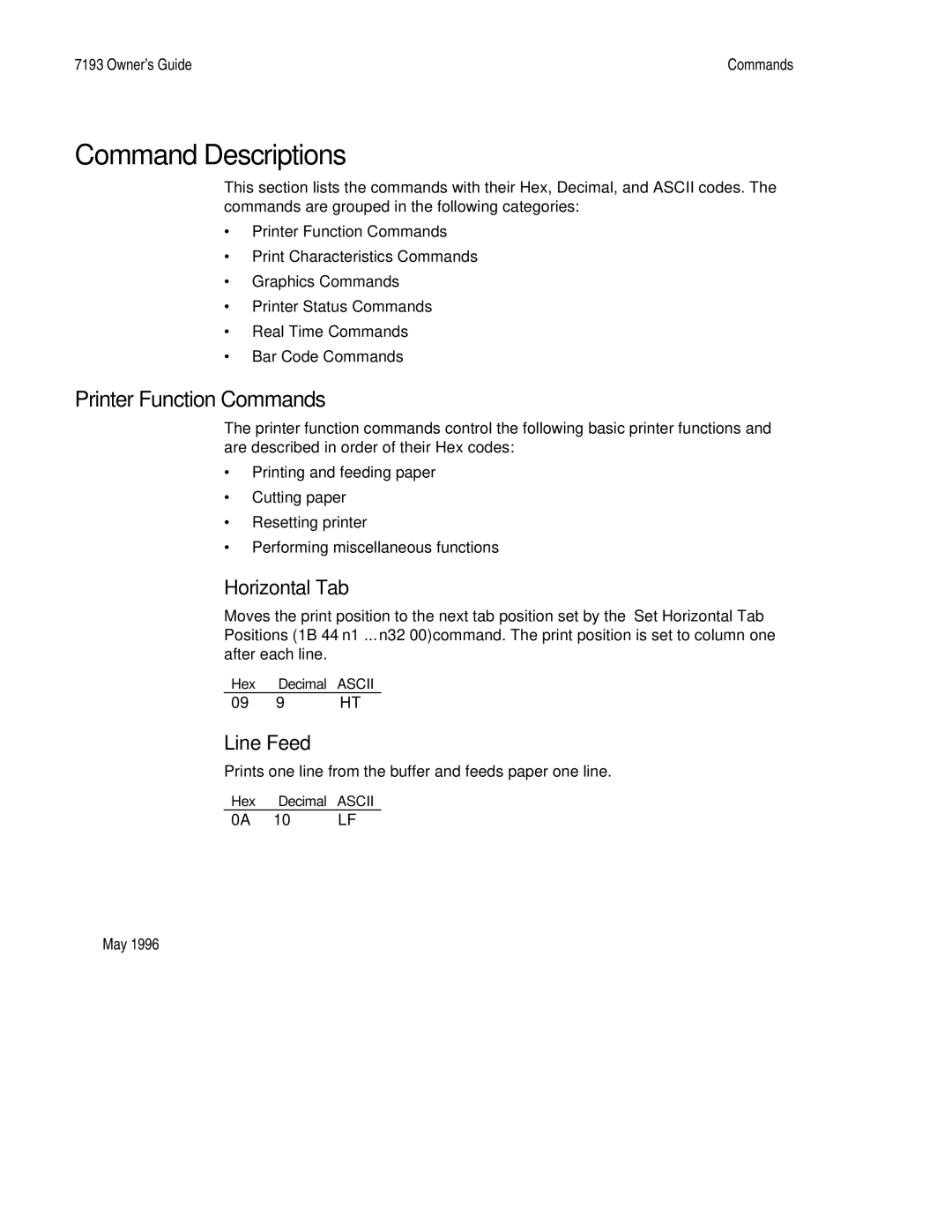 M-S Cash Drawer 7193 manual Command Descriptions, Horizontal Tab, Line Feed 