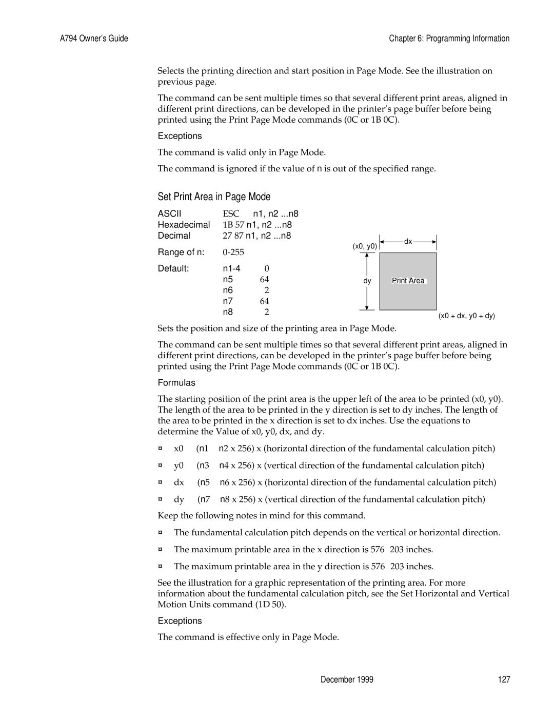 M-S Cash Drawer A794 manual Set Print Area in Page Mode, N1-4 = N5 = N6 = N7 = N8 = 