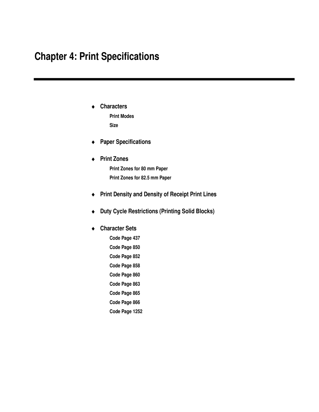 M-S Cash Drawer A794 manual Characters, Paper Specifications Print Zones, Print Modes Size, Code 